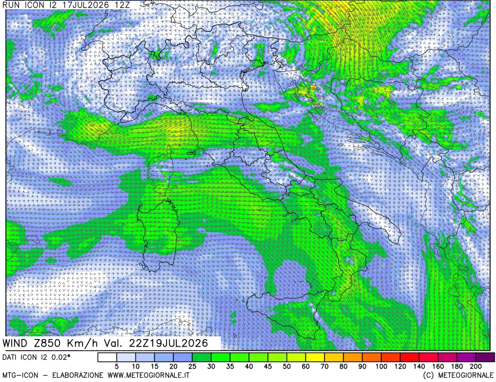 mappa 850 hPa Vento forza e direzione