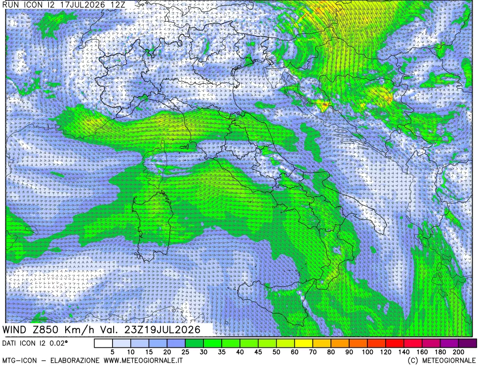 mappa 850 hPa Vento forza e direzione