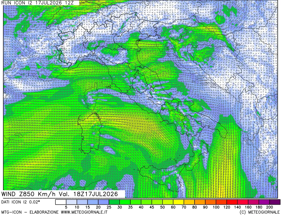 mappa 850 hPa Vento forza e direzione