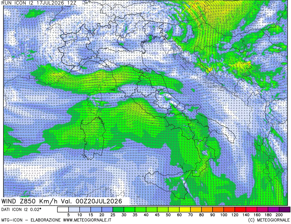 mappa 850 hPa Vento forza e direzione
