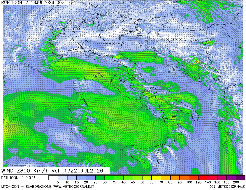 mappa 850 hPa Vento forza e direzione