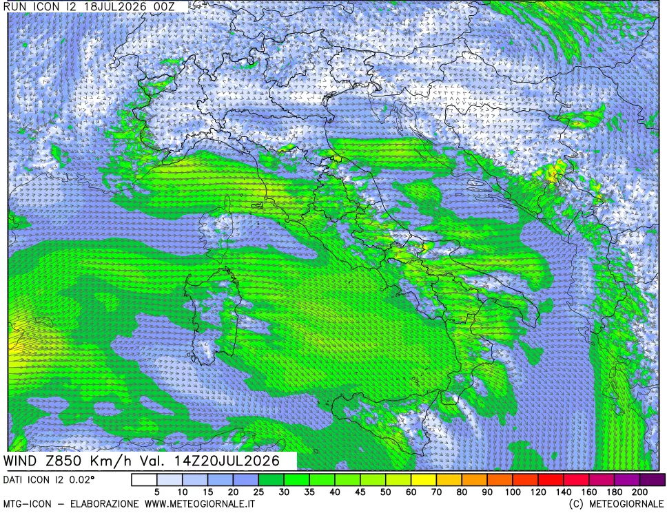mappa 850 hPa Vento forza e direzione