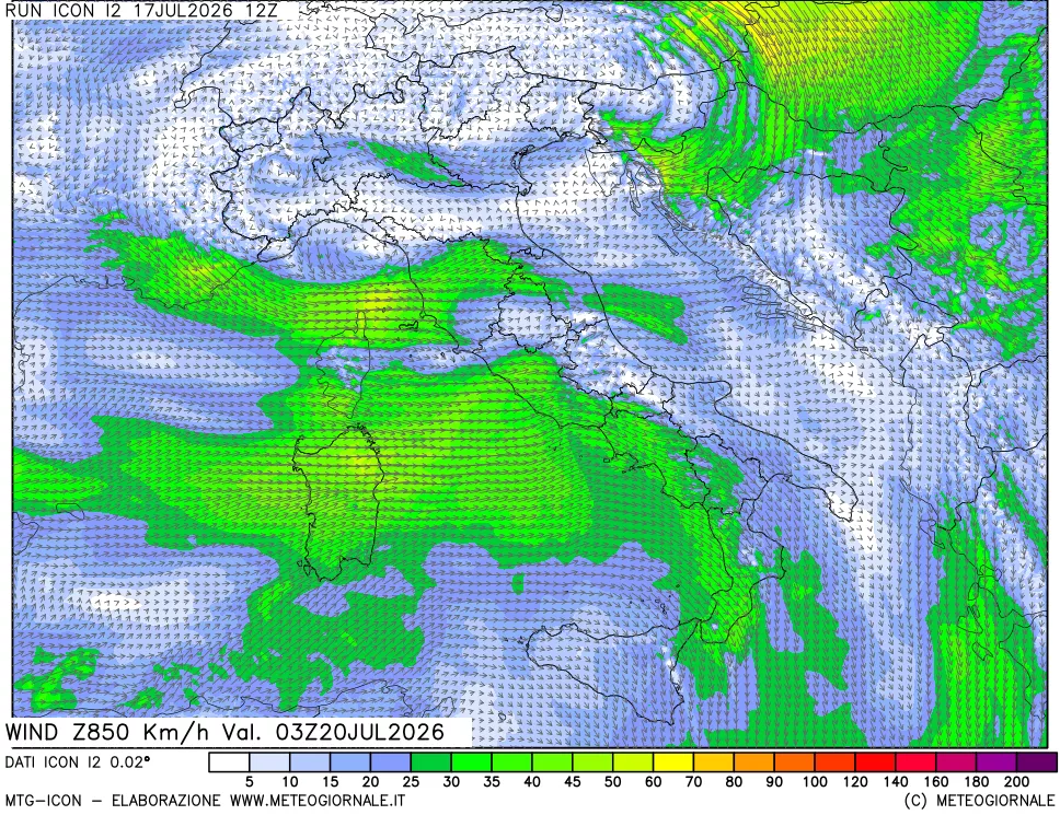 mappa 850 hPa Vento forza e direzione
