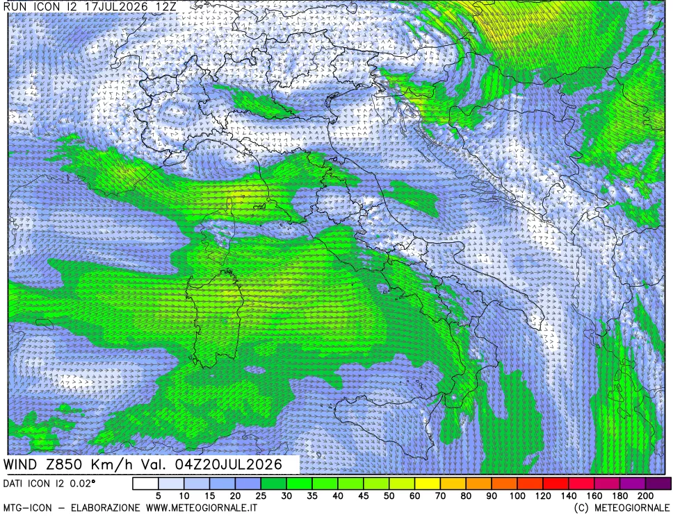 mappa 850 hPa Vento forza e direzione