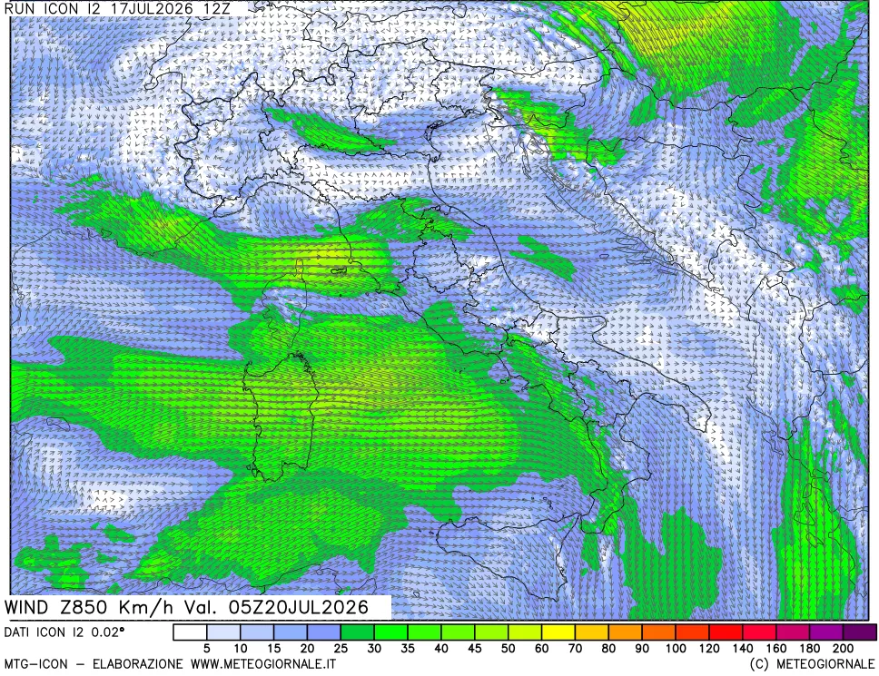 mappa 850 hPa Vento forza e direzione