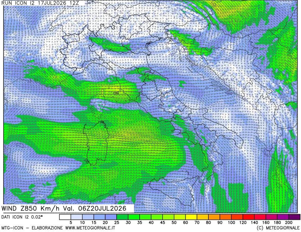 mappa 850 hPa Vento forza e direzione