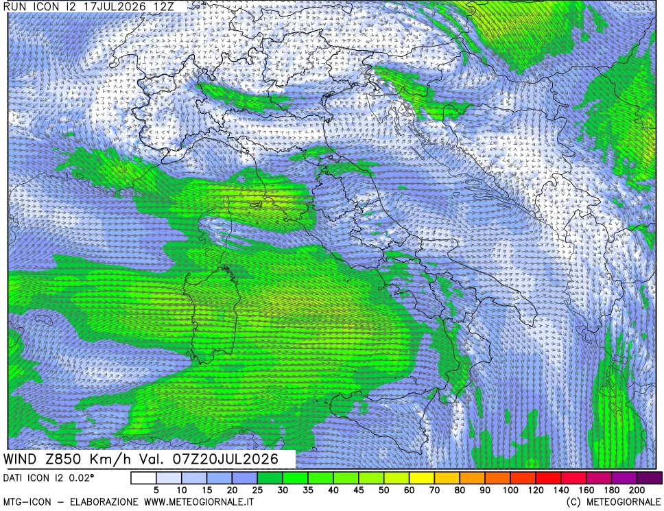 mappa 850 hPa Vento forza e direzione