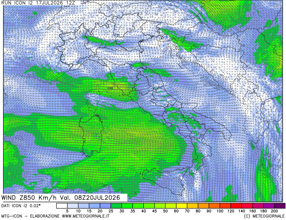 mappa 850 hPa Vento forza e direzione