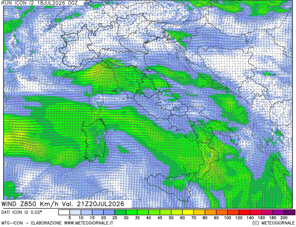 mappa 850 hPa Vento forza e direzione