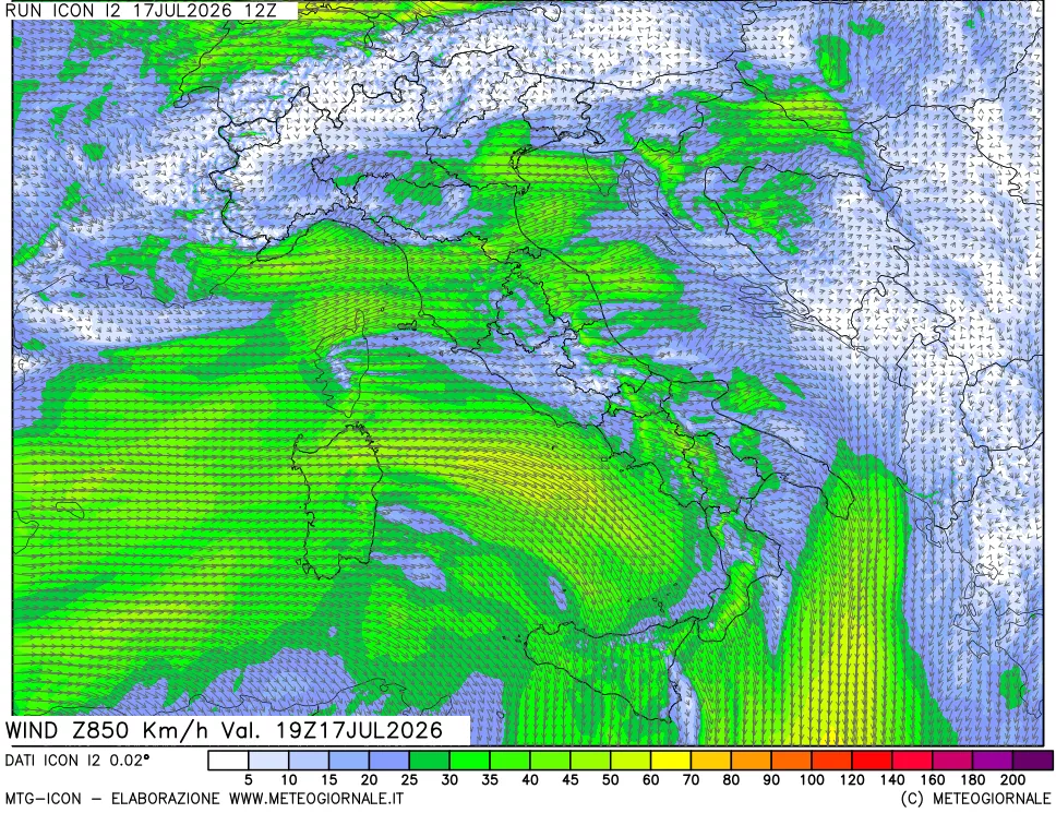 mappa 850 hPa Vento forza e direzione