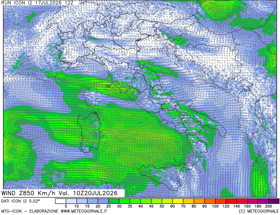mappa 850 hPa Vento forza e direzione
