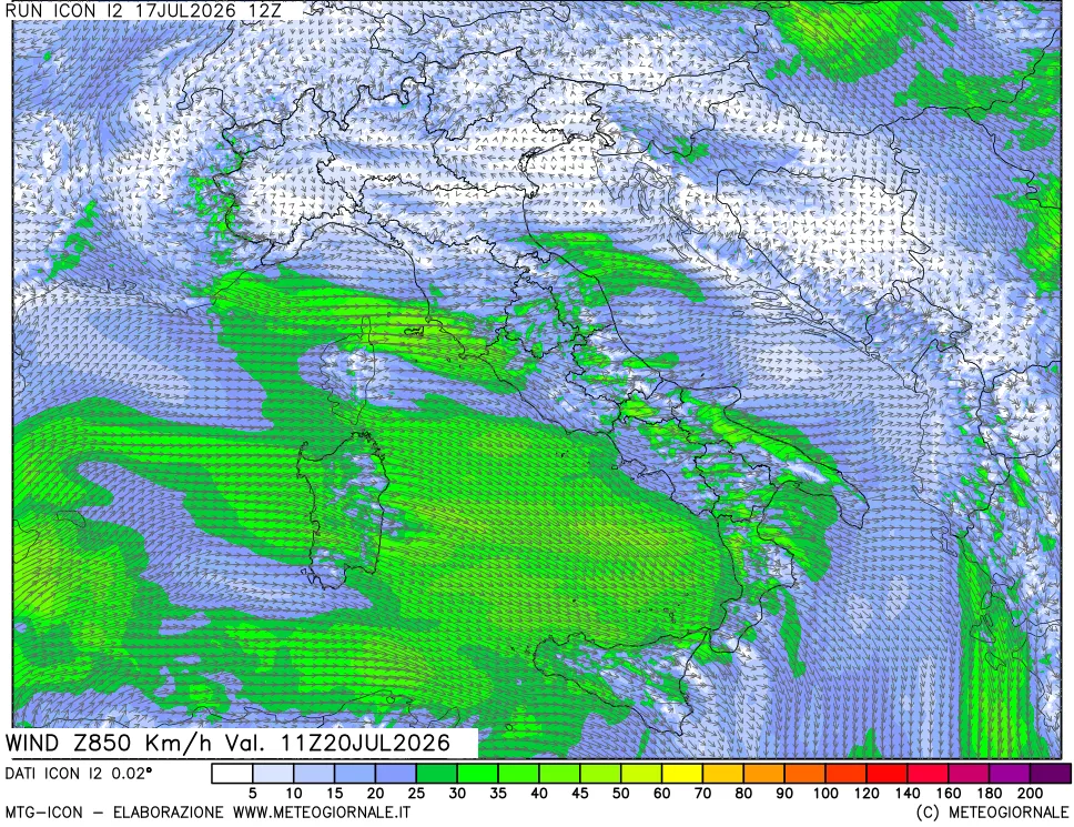 mappa 850 hPa Vento forza e direzione