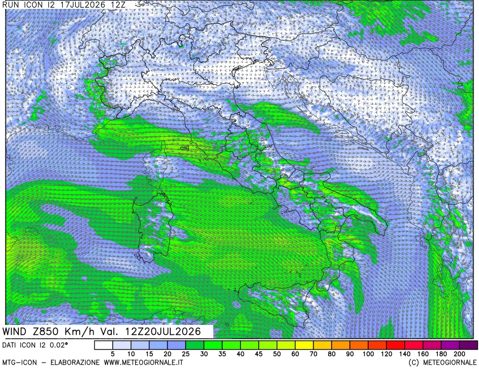 mappa 850 hPa Vento forza e direzione