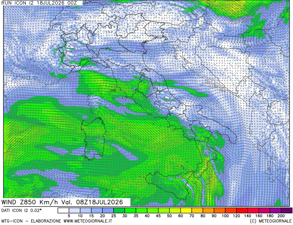 mappa 850 hPa Vento forza e direzione