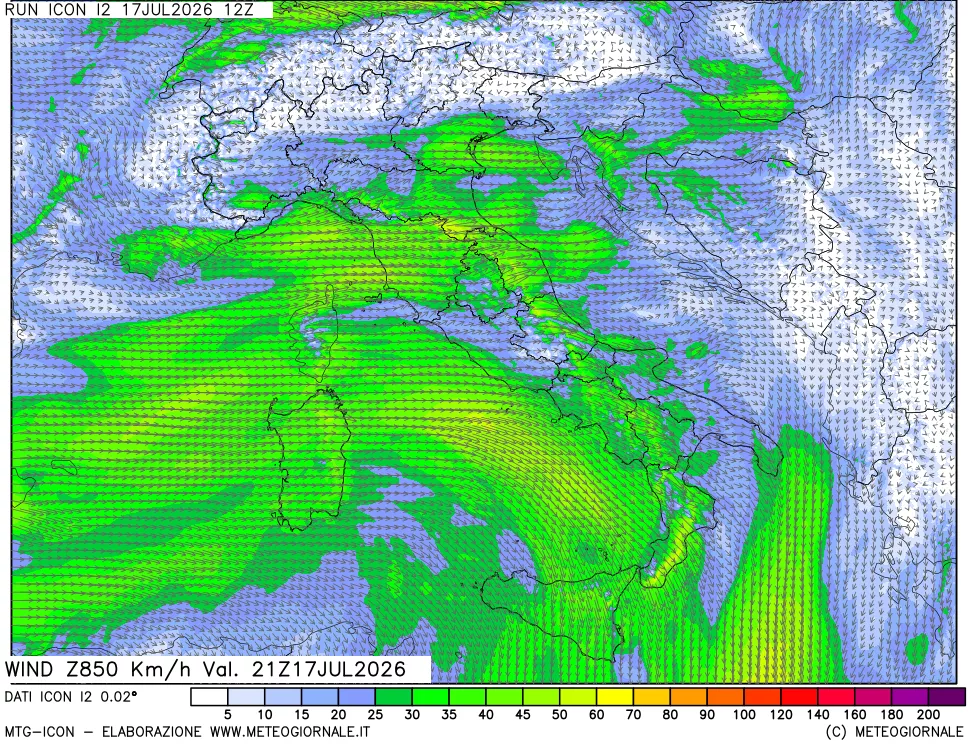 mappa 850 hPa Vento forza e direzione