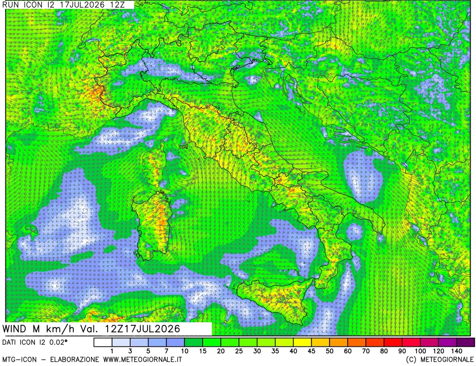 mappa 10 m Vento raffica massima