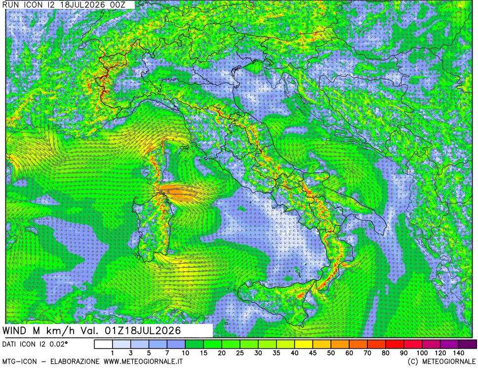 mappa 10 m Vento raffica massima