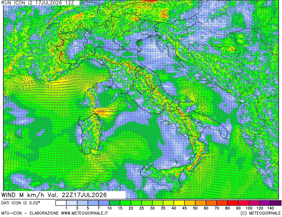 mappa 10 m Vento raffica massima