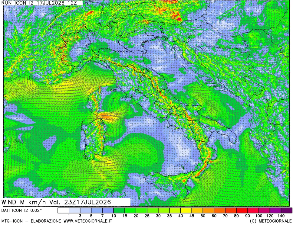 mappa 10 m Vento raffica massima