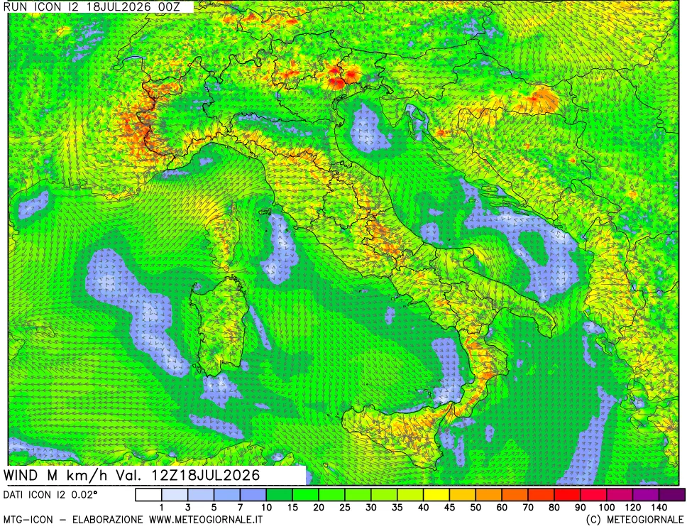 mappa 10 m Vento raffica massima