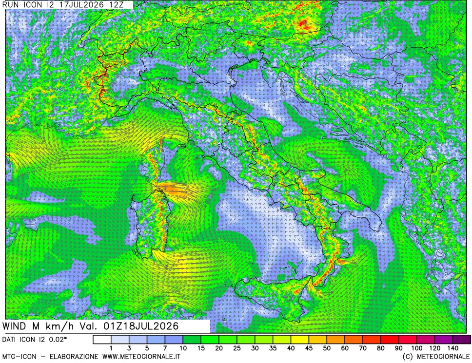 mappa 10 m Vento raffica massima