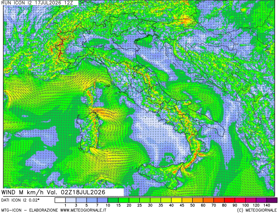 mappa 10 m Vento raffica massima