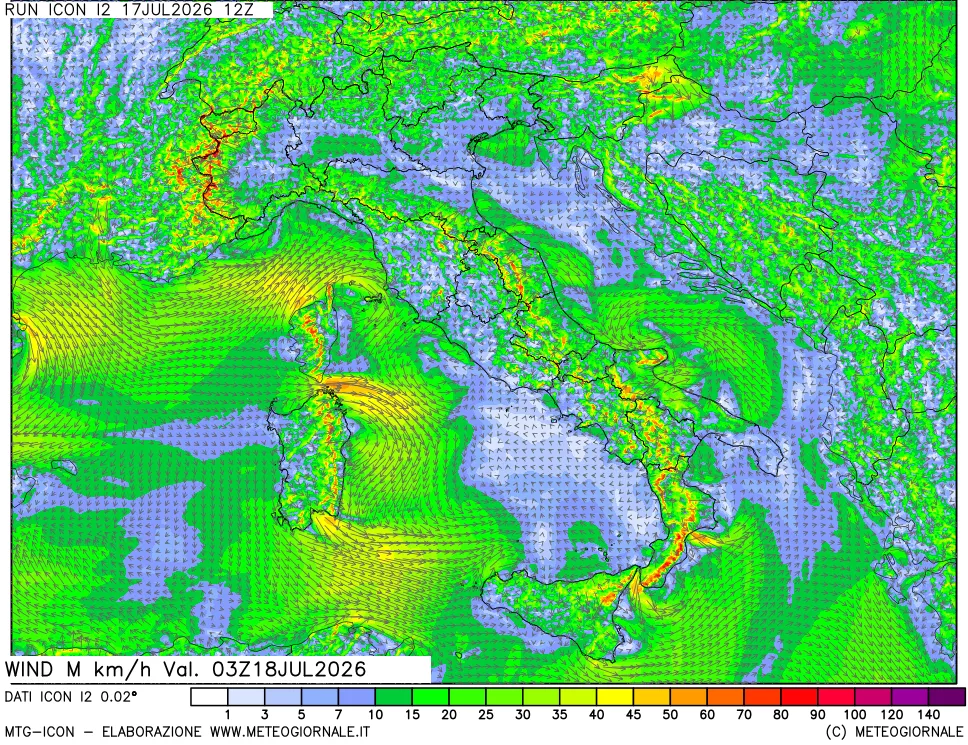 mappa 10 m Vento raffica massima