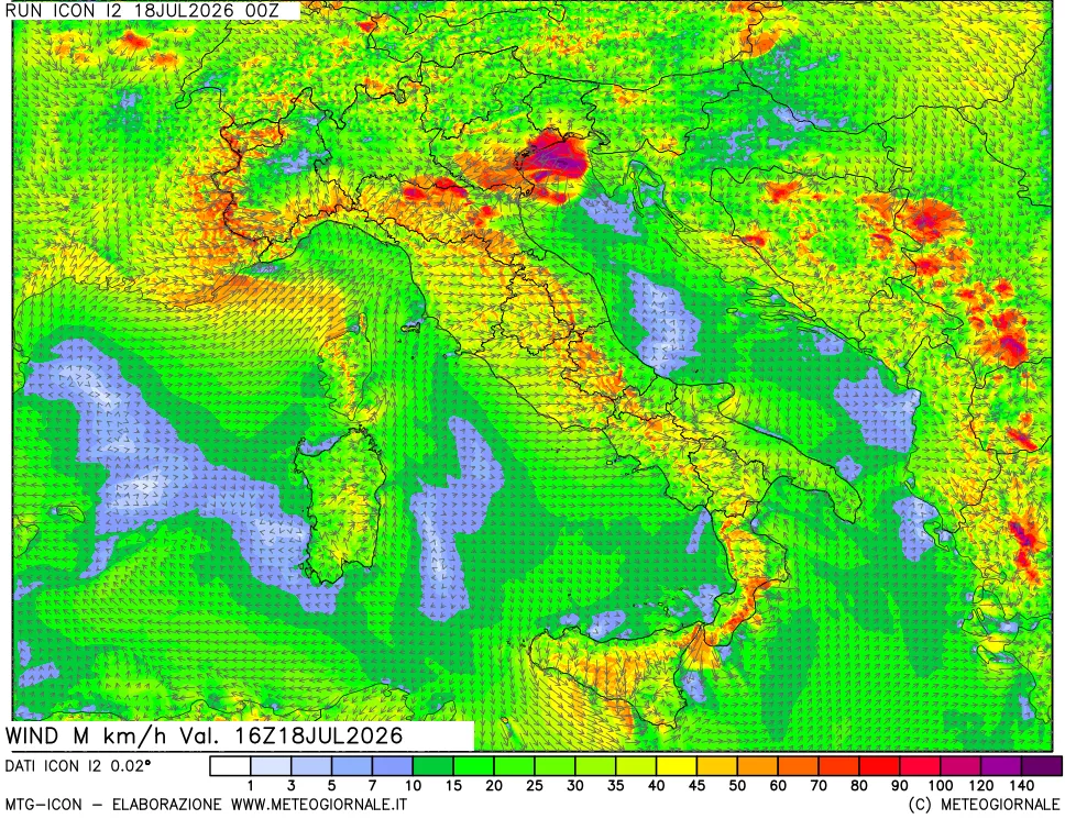 mappa 10 m Vento raffica massima