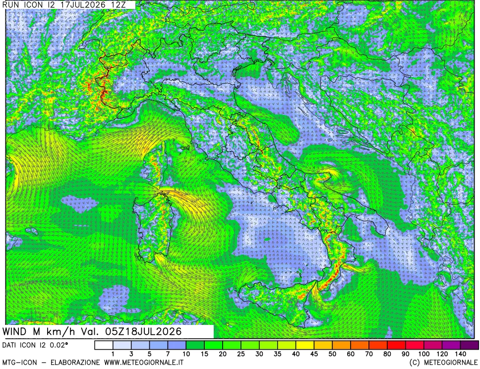 mappa 10 m Vento raffica massima
