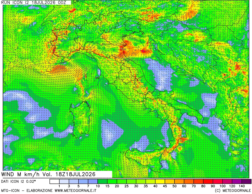 mappa 10 m Vento raffica massima