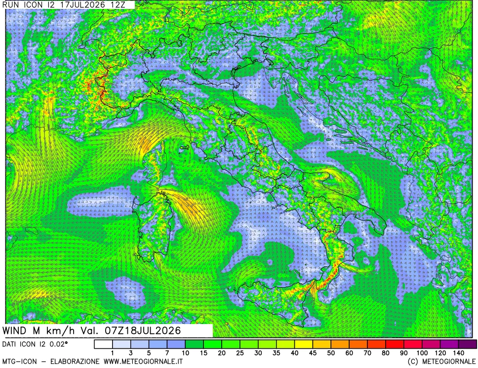 mappa 10 m Vento raffica massima