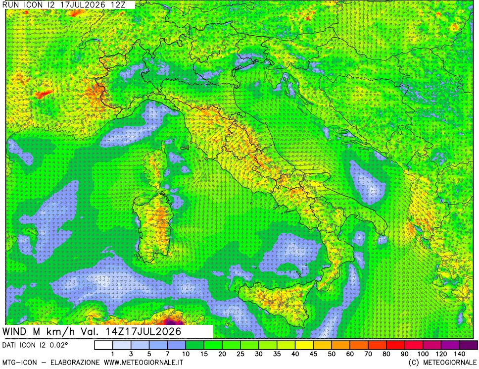 mappa 10 m Vento raffica massima
