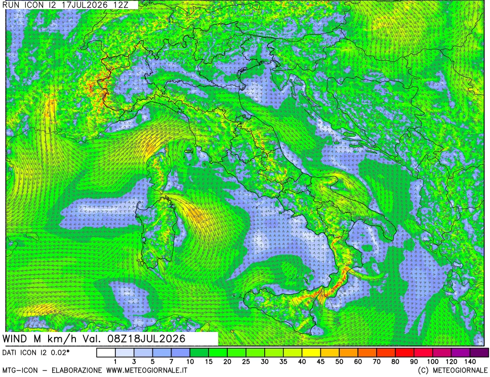 mappa 10 m Vento raffica massima
