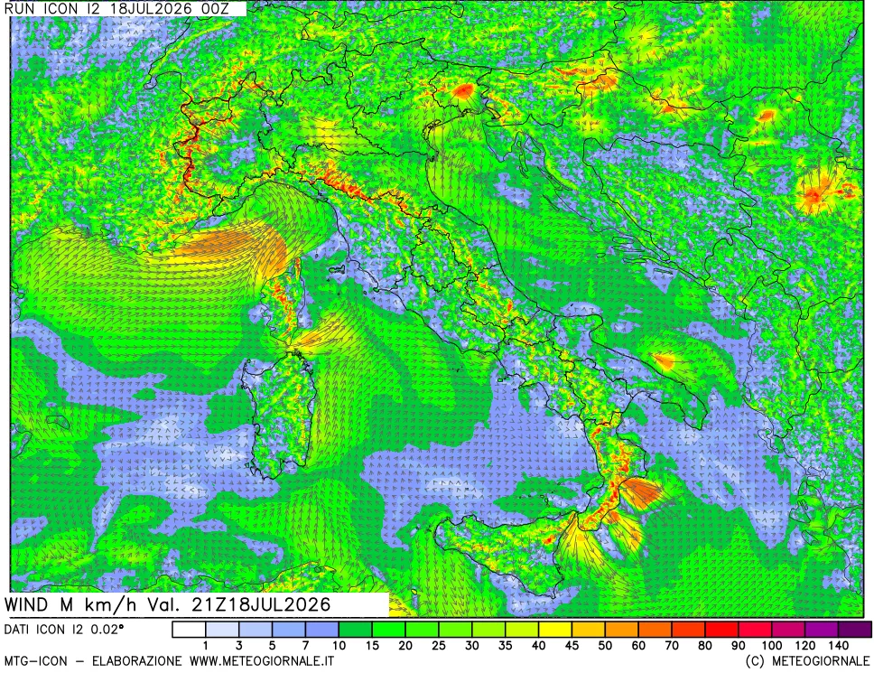 mappa 10 m Vento raffica massima