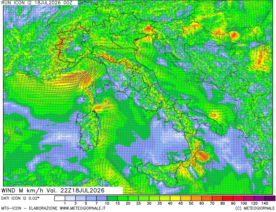 mappa 10 m Vento raffica massima