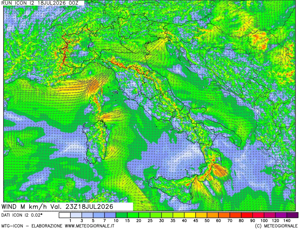 mappa 10 m Vento raffica massima