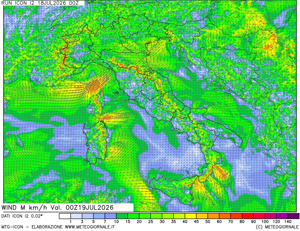 mappa 10 m Vento raffica massima