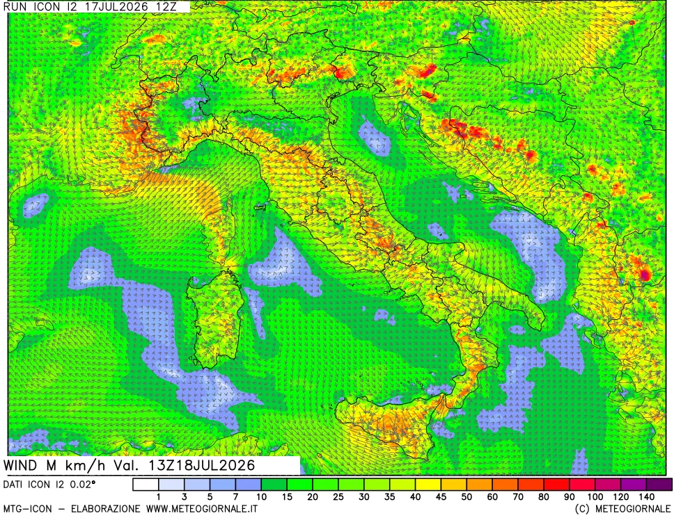 mappa 10 m Vento raffica massima