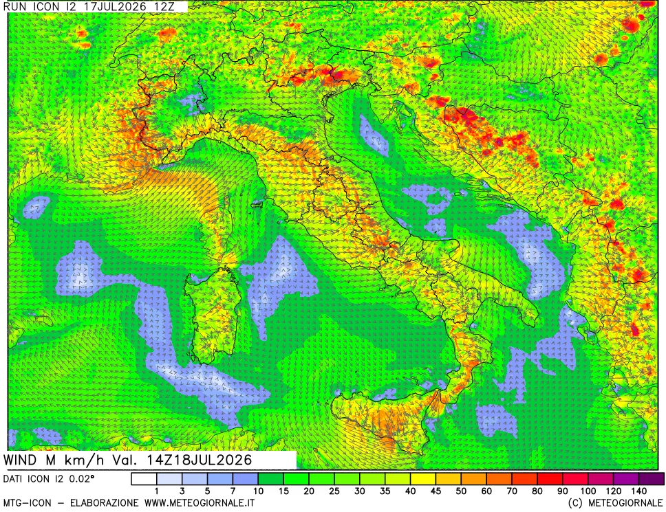 mappa 10 m Vento raffica massima