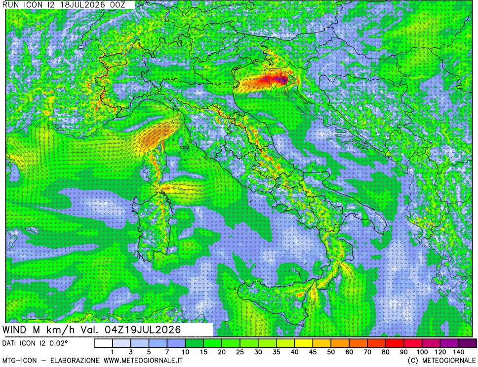 mappa 10 m Vento raffica massima