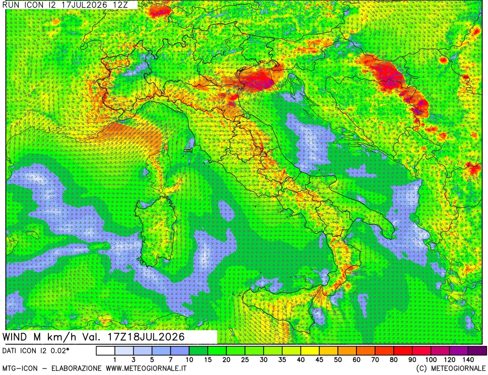 mappa 10 m Vento raffica massima