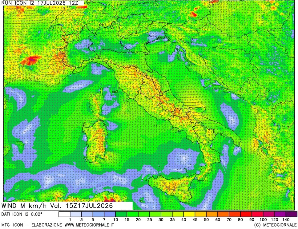 mappa 10 m Vento raffica massima