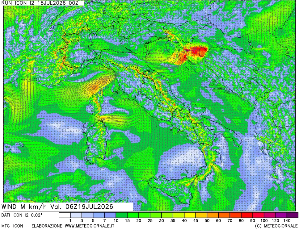 mappa 10 m Vento raffica massima