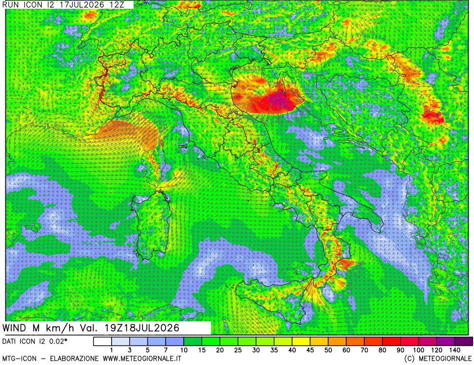 mappa 10 m Vento raffica massima