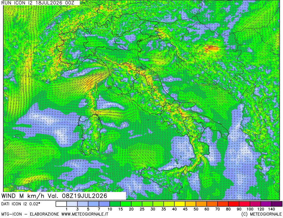 mappa 10 m Vento raffica massima