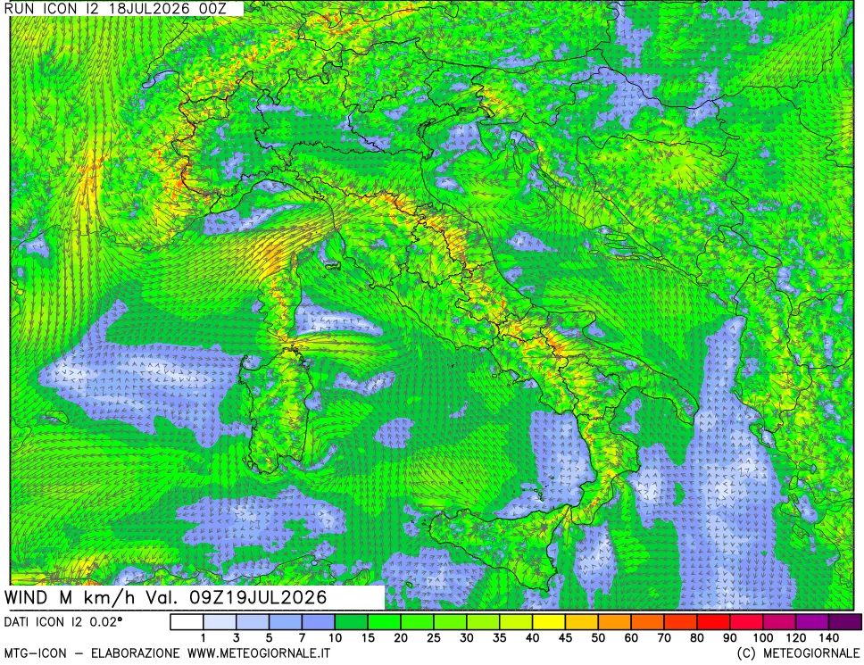 mappa 10 m Vento raffica massima
