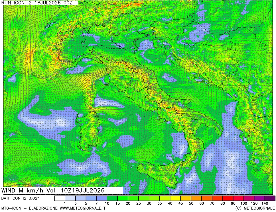 mappa 10 m Vento raffica massima