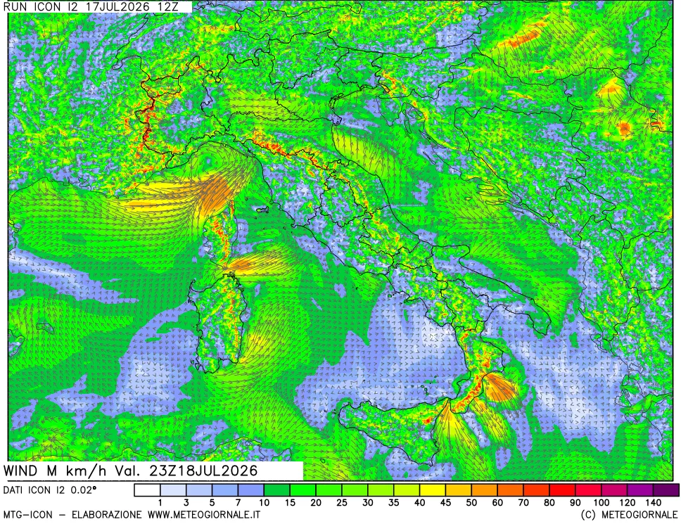 mappa 10 m Vento raffica massima