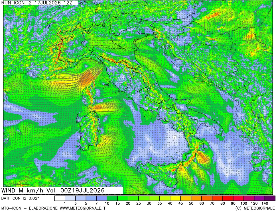 mappa 10 m Vento raffica massima