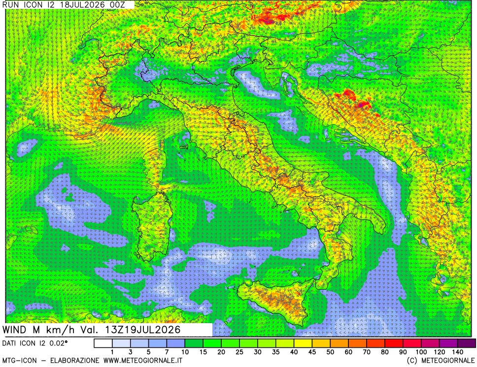 mappa 10 m Vento raffica massima